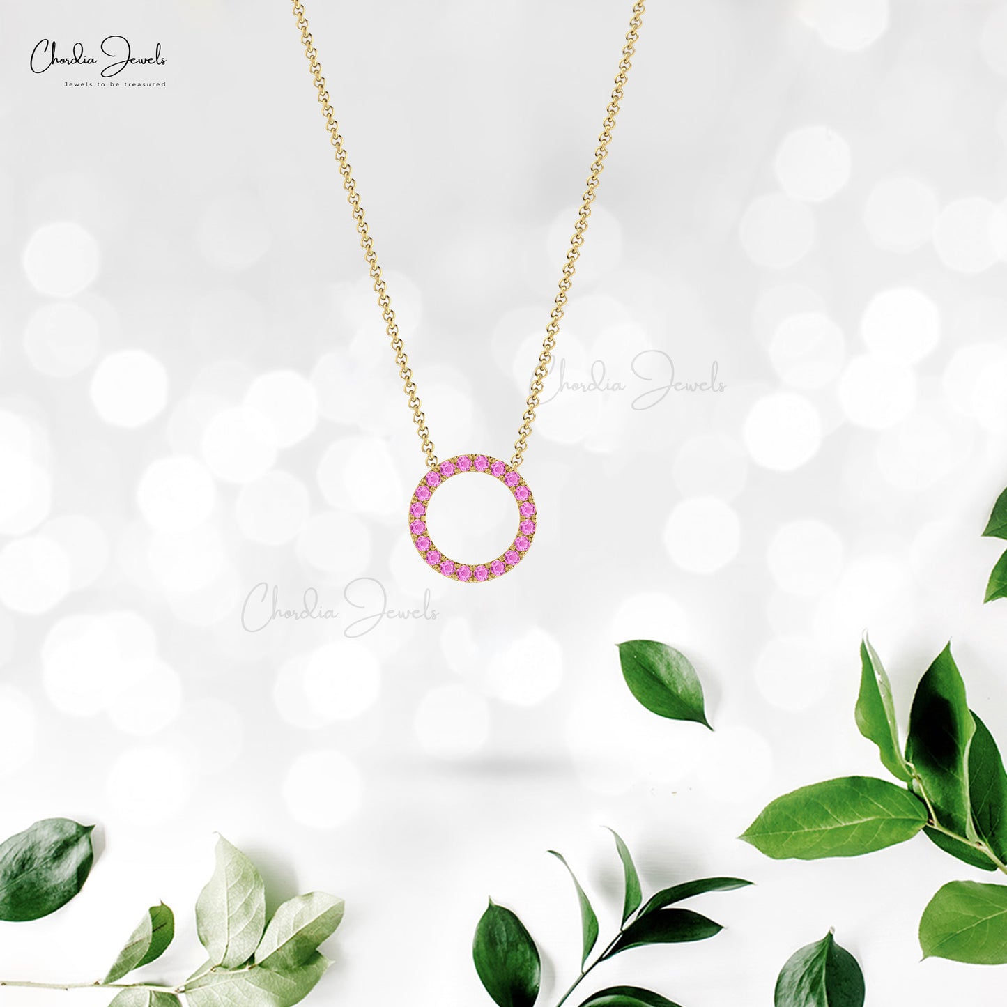 Iconic Pink Sapphire Open Circle Necklace 1.00Ct Round Cut Natural Gemstone Pave Set Necklace 14k Real Gold Art Deco Jewelry For Valentine's Day