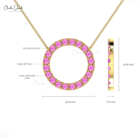 Iconic Pink Sapphire Open Circle Necklace 1.00Ct Round Cut Natural Gemstone Pave Set Necklace 14k Real Gold Art Deco Jewelry For Valentine's Day