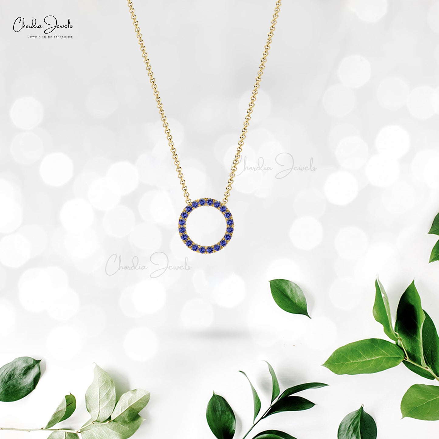 Circle Necklace Pendant in 14k Real Gold Genuine Blue Tanzanite Pave Set Gemstone Light Weight Jewelry For Women