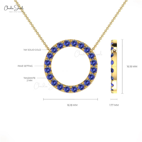 Circle Necklace Pendant in 14k Real Gold Genuine Blue Tanzanite Pave Set Gemstone Light Weight Jewelry For Women