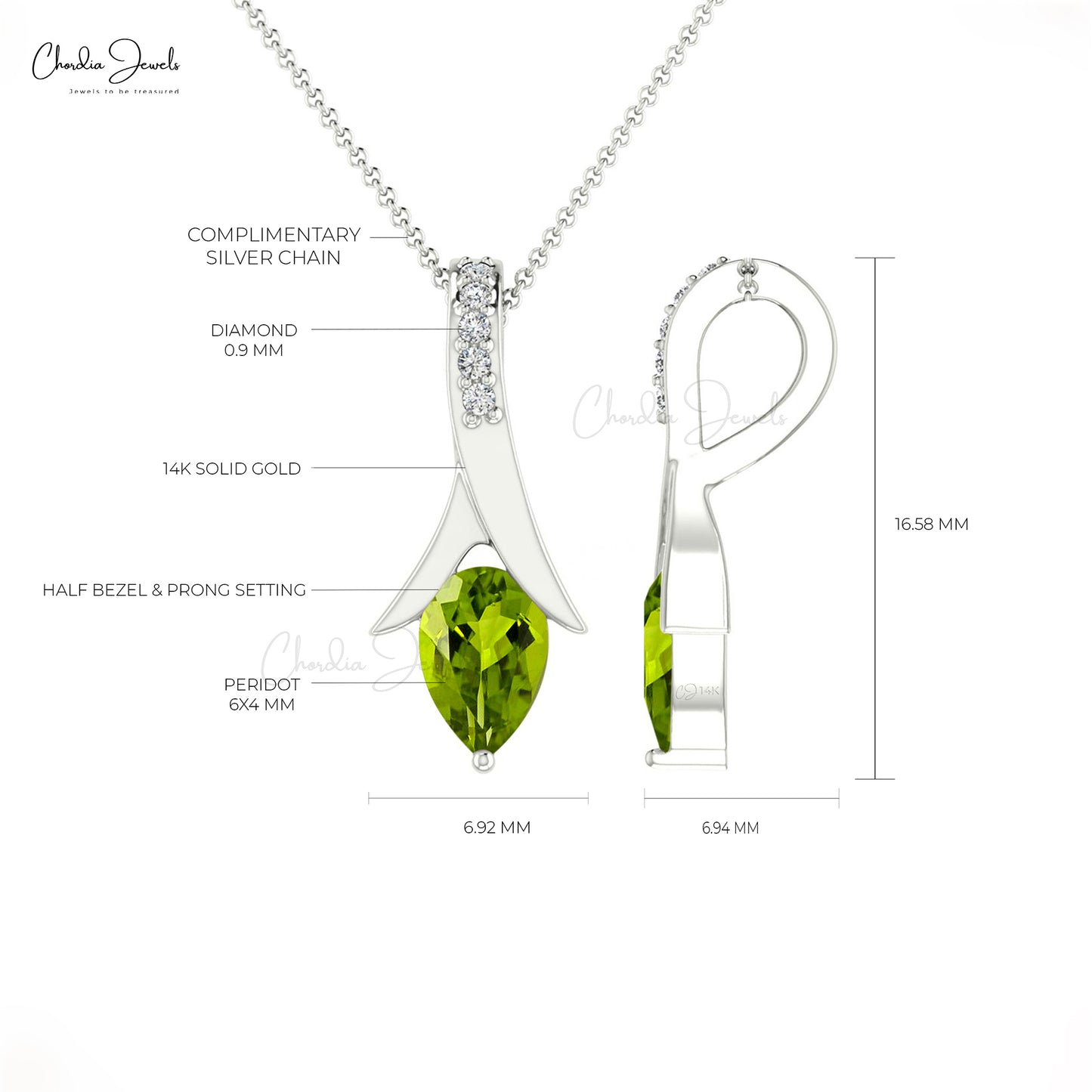 Natural Peridot Tear Drop Handmade Pendant 6X4mm Pear Cut Gemstone Pendant 14k Solid Gold Diamond Jewelry For Women