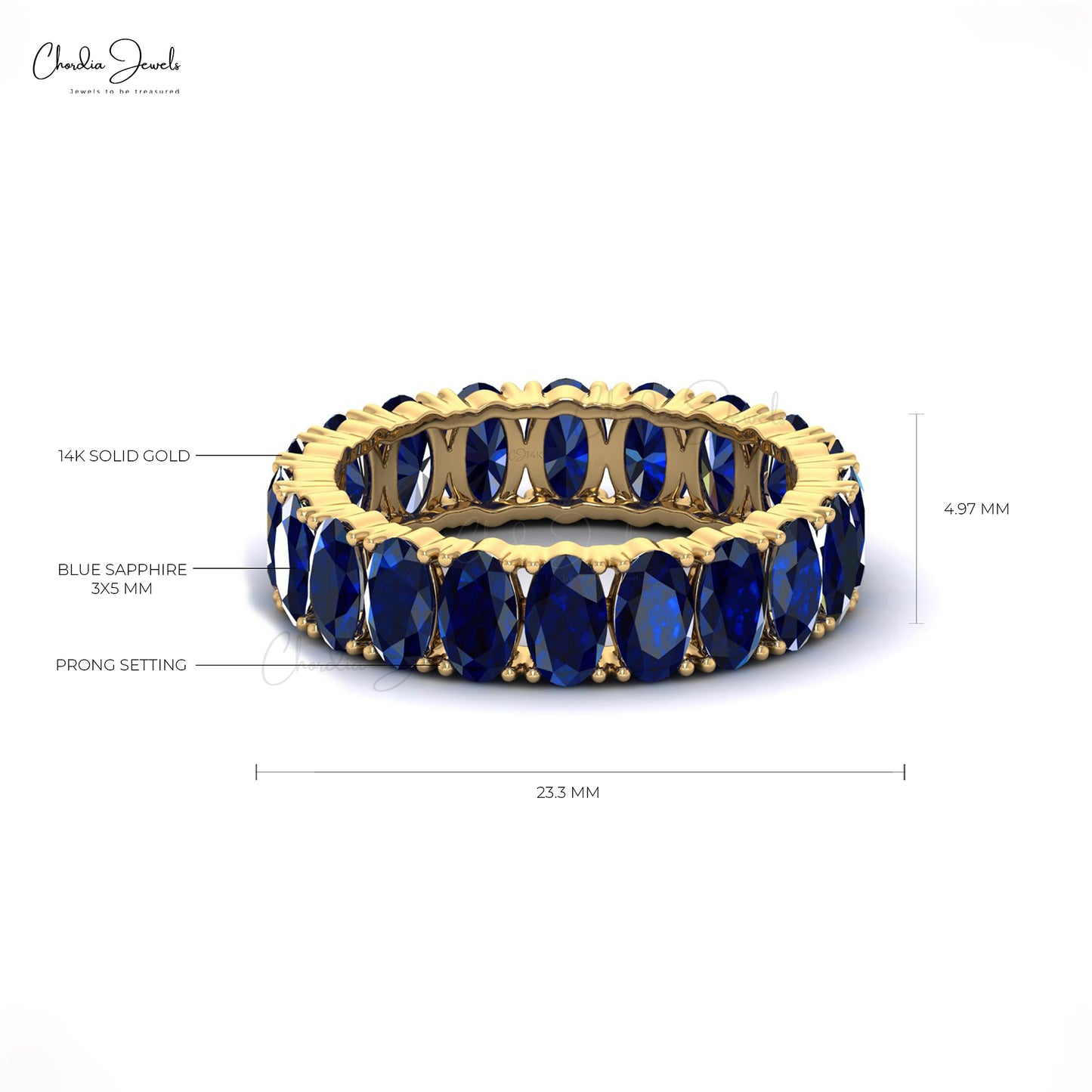 Natural Blue Sapphire Eternity Band 5x3mm Oval Cut Ring Size US-5.5 14k Solid Yellow Gold Ring For Her