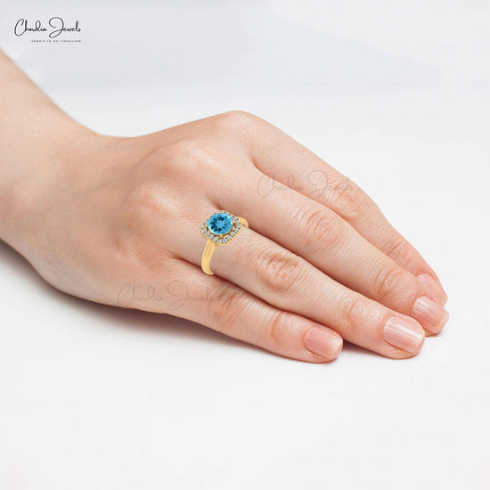14k Solid Gold Natural Gemstone and Diamond Halo Ring, 6mm Round Cut Swiss Blue Topaz Dainty Ring For Wedding Gift