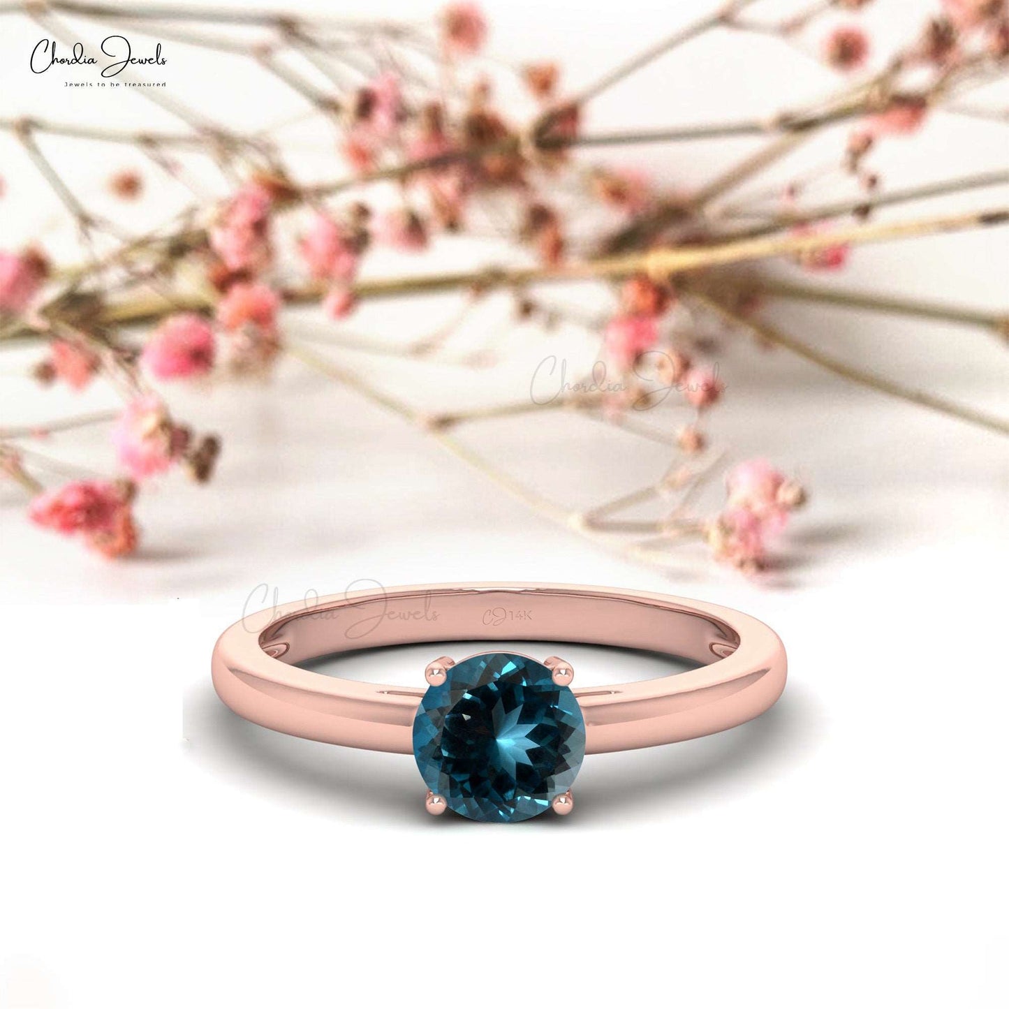 14k Solid Gold Natural Gemstone Solitaire Ring For Valentine, 0.57 Carats London Blue Topaz December Birthstone Dainty Ring For Women