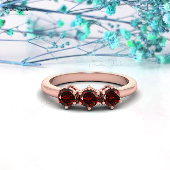 Natural Garnet Prong Set Ring 14k Real Gold Trilogy Proposal Ring 4mm Round Cut Natural Gemstone Minimalist Vintage Jewelry
