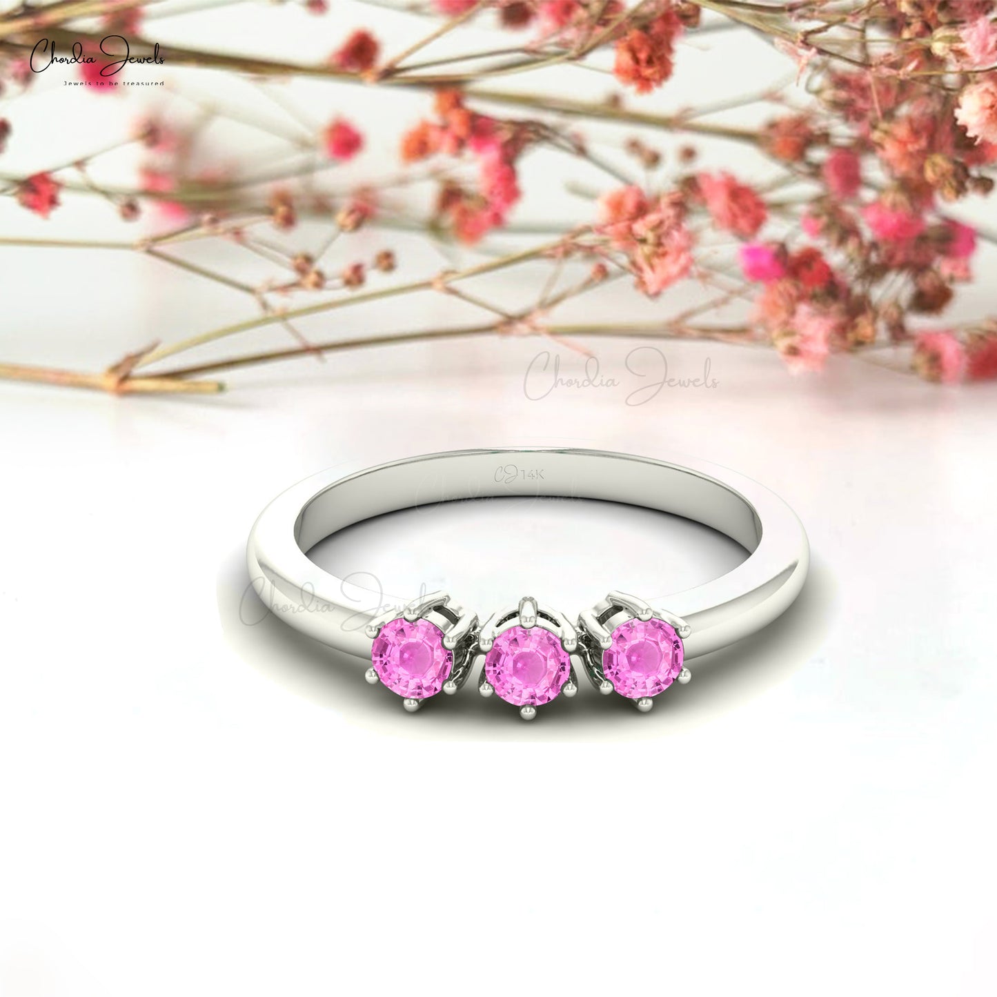 AAA Pink Sapphire Trilogy Ring 3mm Brilliant Round Cut Gemstone Ring Genuine 14k Real Gold Handmade Jewelry For Wedding Gift