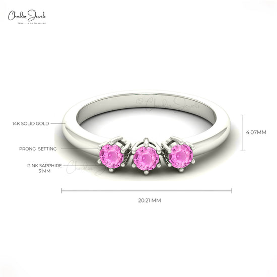 AAA Pink Sapphire Trilogy Ring 3mm Brilliant Round Cut Gemstone Ring Genuine 14k Real Gold Handmade Jewelry For Wedding Gift