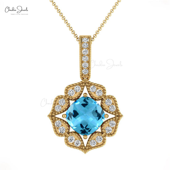 Natural 1.42CT Swiss Blue Topaz Gemstone Pendant 14k Solid Gold Diamond Art Deco Pendant For Her