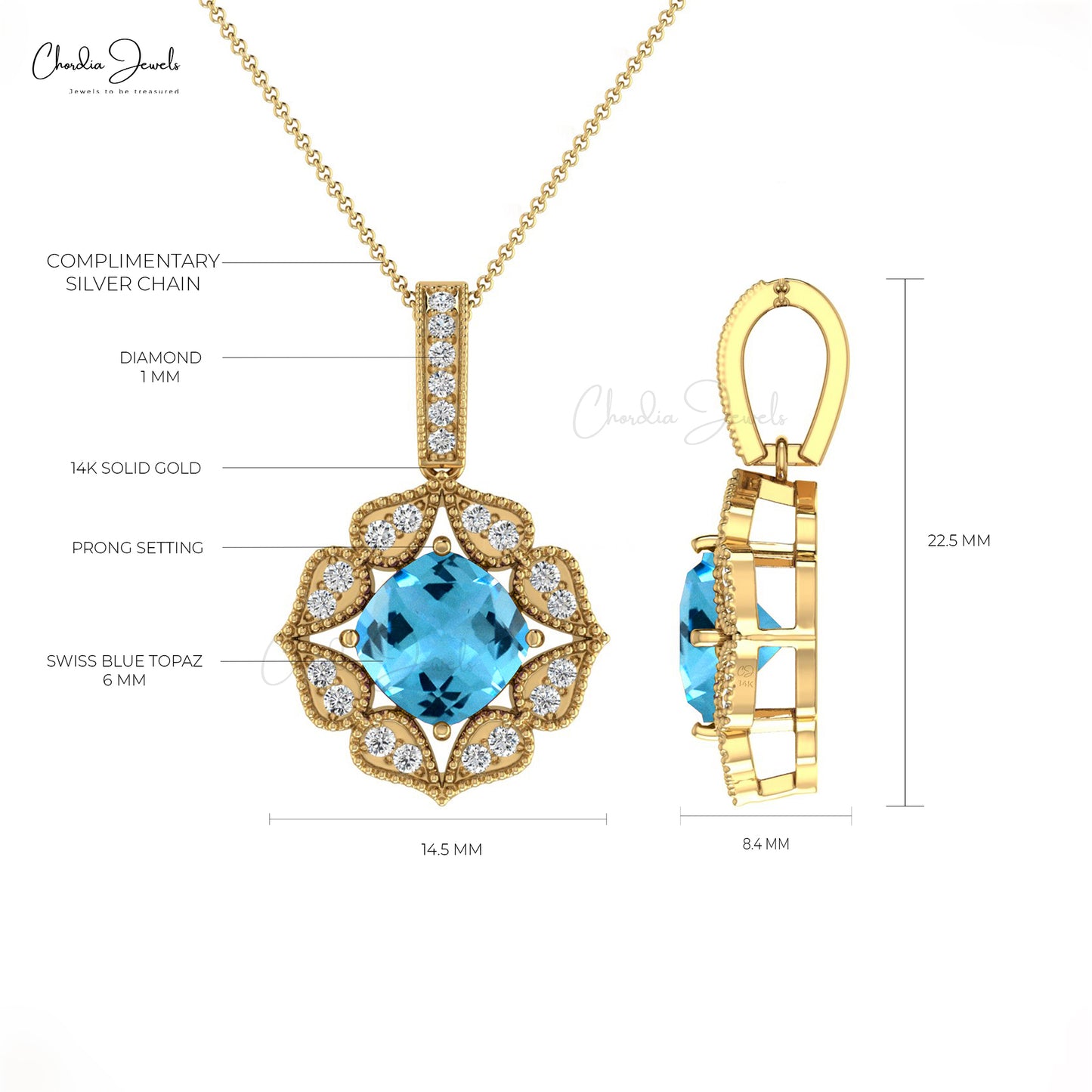 Natural 1.42CT Swiss Blue Topaz Gemstone Pendant 14k Solid Gold Diamond Halo Pendant For Her