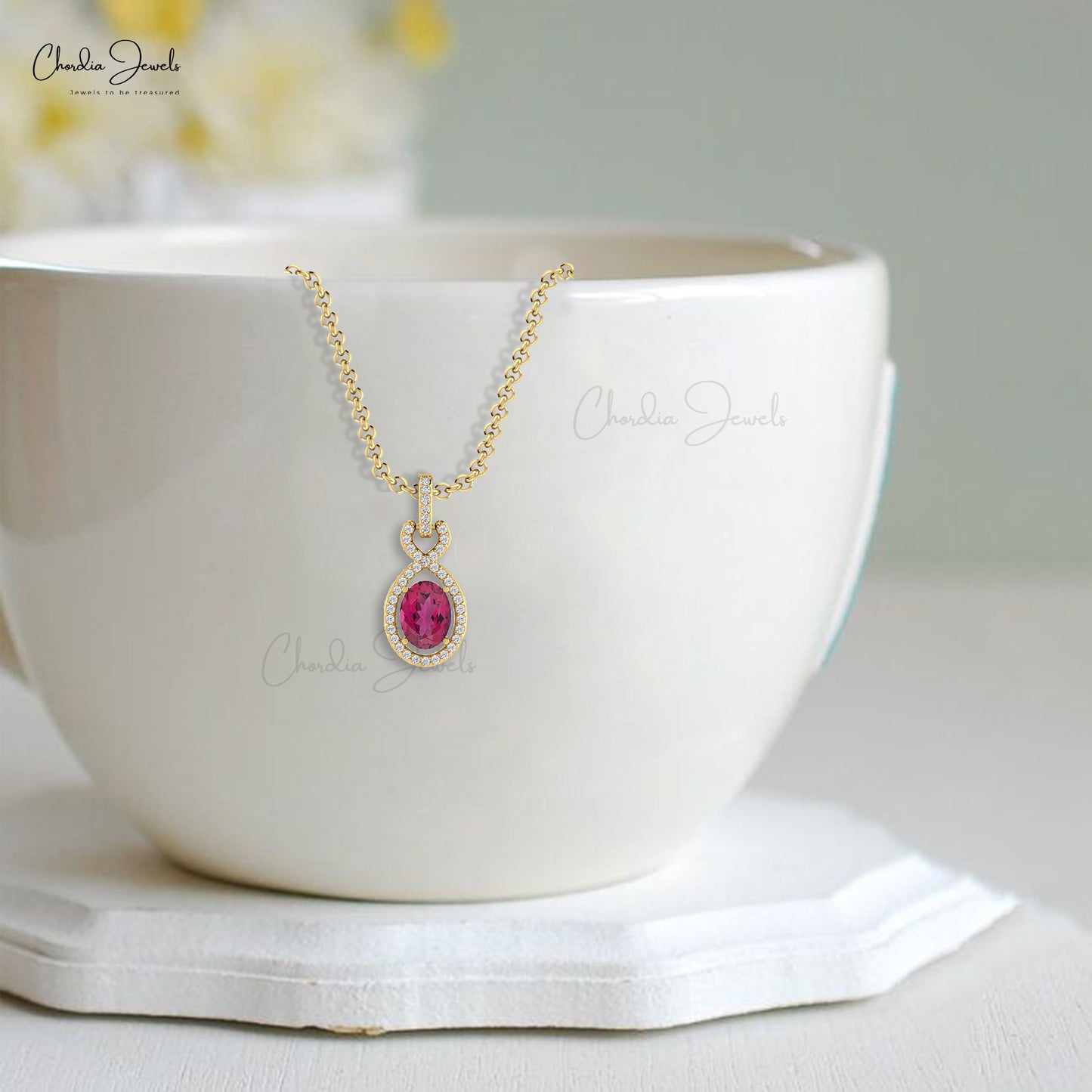 Natural Pink Tourmaline Halo Pendant With Bail 14k Solid Gold Diamond Pendant 7x5mm Oval Cut Gemstone Pendant For October Birthstone