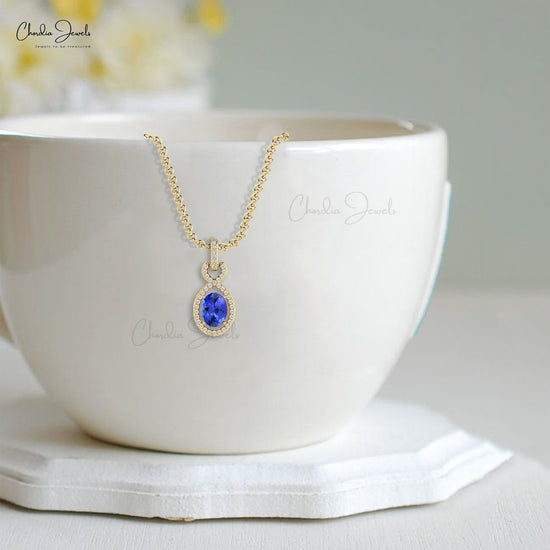 Natural Tanzanite Minimal Pendant 7x5mm Oval Gemstone Halo Pendant With Bail 14k Real Gold Hallmarked Fine Jewelry For Easter Day