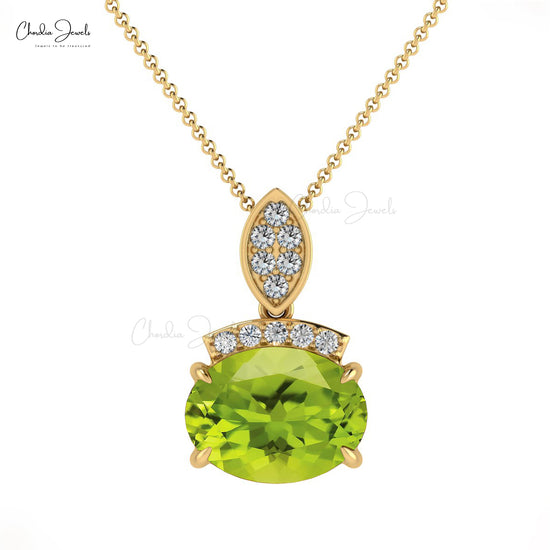 Dainty Pendant With Peridot Gemstone 14k Solid Gold Diamond Accents Pendant For Birthday Gift