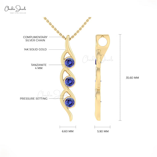 Natural Tanzanite Twisted Pendant 0.81Ct Round Cut Gemstone Handmade Pendant 14k Real Gold Minimalist Jewelry For Birthday Gift