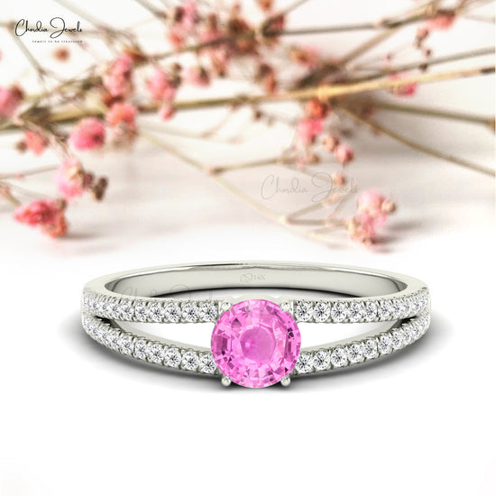 Iconic Pink Sapphire September Birthstone Ring 14k Real Gold Split Shank Proposal Ring 5mm Brilliant Round Cut Gemstone Hallmarked Classic Jewelry