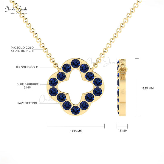 AAA Blue Sapphire Open Clover Necklace 0.42 Ct Round Natural Gemstone Necklace 14k Real Gold September Birthstone Jewelry For Bridesmaid Gift