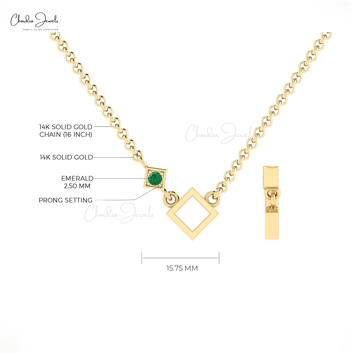 Green Emerald Open Square Necklace 14k Real Gold 2.50mm Brilliant Round Cut Gemstone Handmade Necklace Jewelry For Her