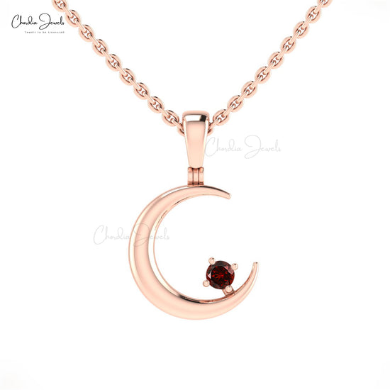 AAA Natural Garnet 2mm Round Cut Crescent Pendant 14k Solid Gold January Birthstone Jewelry