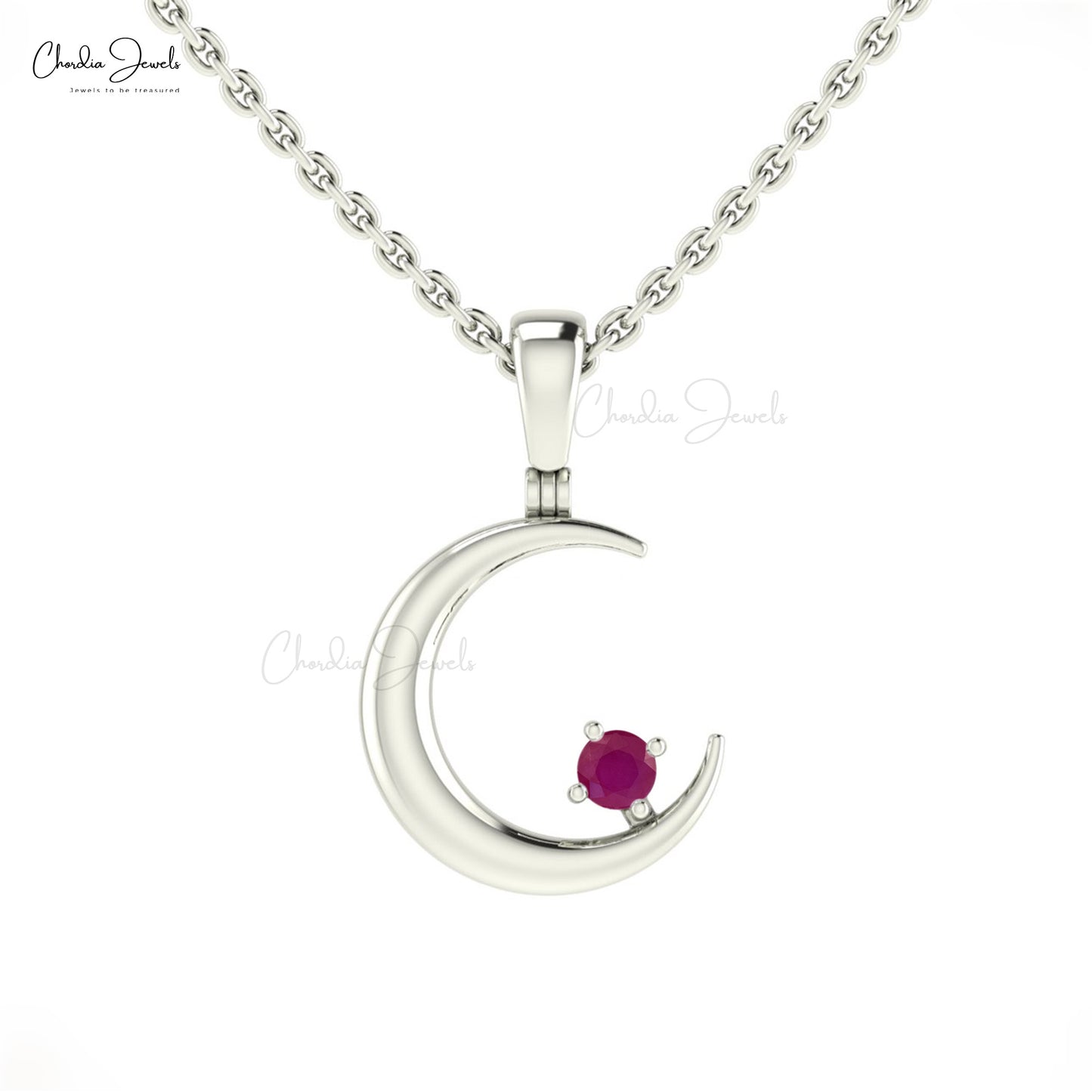 Colgante celestial de media luna con collar de rubí birmano de 2 mm en oro macizo de 14 k. Joyería fina.
