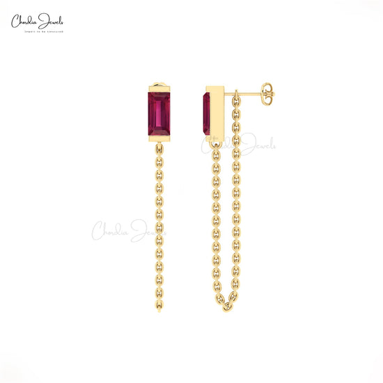 Baguette Ruby Chain Earrings in 14k Solid Gold Delicate 0.60ct Gemstone Modern Earrings