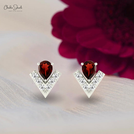 Authentic Garnet & Diamond Accented Earrings 4x3mm Pear Cut 14k Real Gold Studs