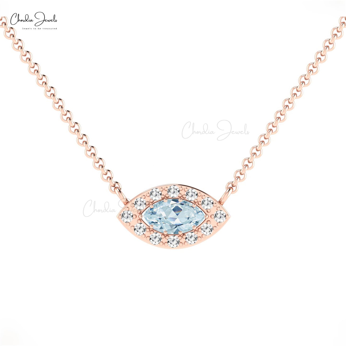 AAA Aquamarine Halo Necklace 14k Solid Gold Diamond Necklace For March Birthstone