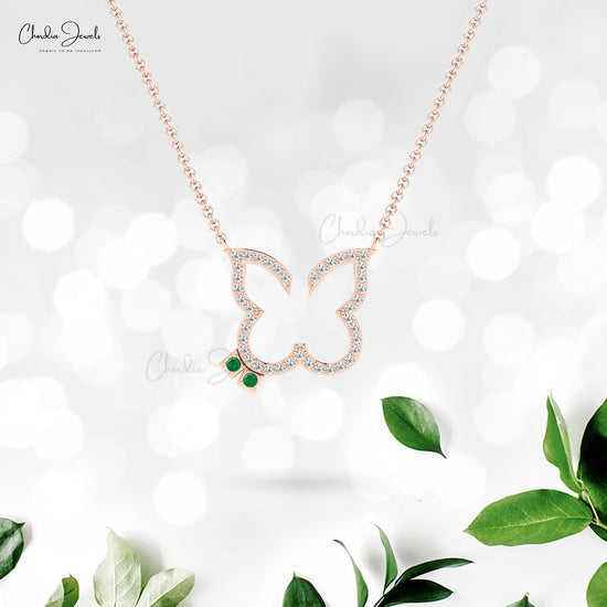 Personalized Natural White Diamond Butterfly Necklace Pendant May Birthstone Green Emerald Gemstone Necklace in 14k Real Gold Jewelry For Gift
