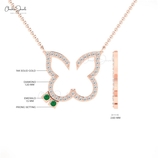 Personalized Natural White Diamond Butterfly Necklace Pendant May Birthstone Green Emerald Gemstone Necklace in 14k Real Gold Jewelry For Gift