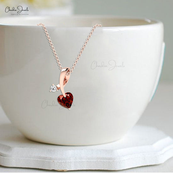 Elegant Garnet Heart Cut  Pendant 14k Solid Gold Diamond Valentine's Day jewelry Gift