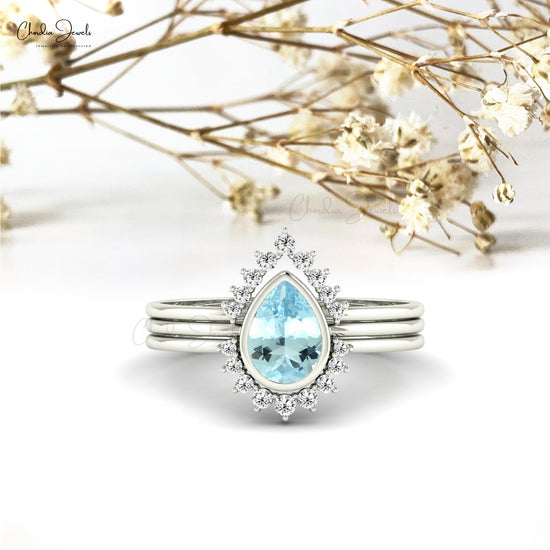 14k Solid Gold Stackable Ring 0.72ct Aquamarine Gemstone & Genuine Diamond Ring For Women