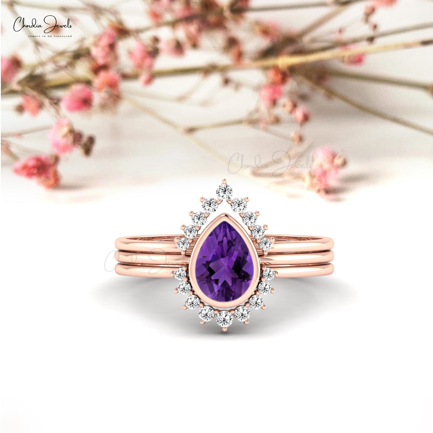 Delicate Amethyst Stackable Ring 14k Real Gold Proposal Ring 7x5mm Pear Cut Gemstone Hallmarked Fine Jewelry For Birthday Gift