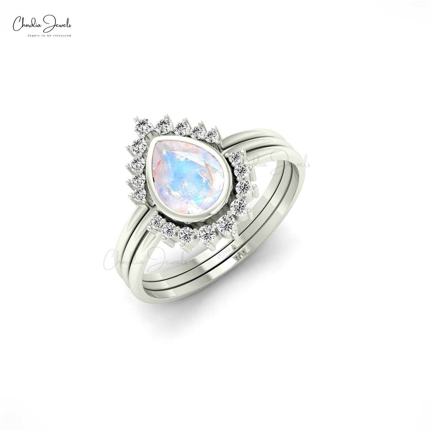 Pear-Cut Moonstone Stackable Ring in 14k Solid Gold Genuine Diamond June Birthstone Ring