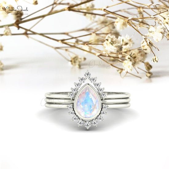 Pear-Cut Moonstone Stackable Ring in 14k Solid Gold Genuine Diamond June Birthstone Ring