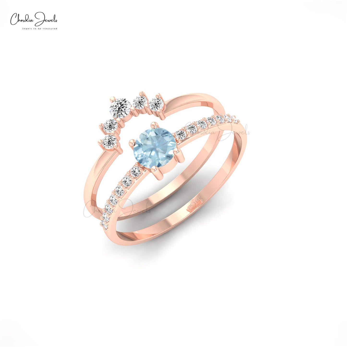 Stackable 14k Gold Aquamarine Ring with Genuine Diamonds 0.27ct March Birthstone Ring