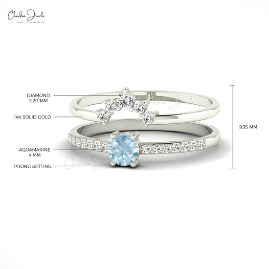 Stackable 14k Gold Aquamarine Ring with Genuine Diamonds 0.27ct March Birthstone Ring