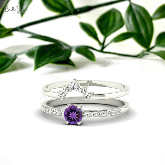 Natural Amethyst Promise Ring 4mm Brilliant Round Cut Natural Gemstone Handmade Ring 14k Real Gold Diamond Dainty Grace Jewelry