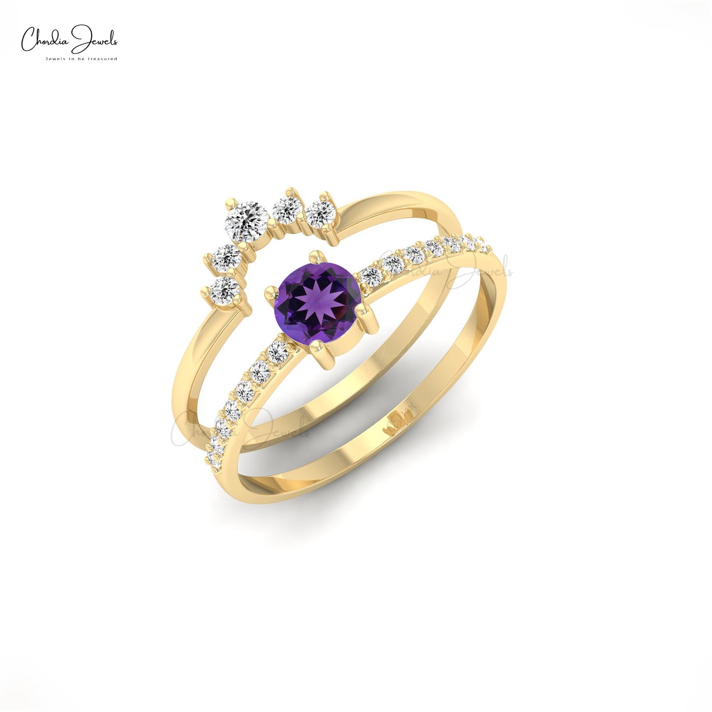 Natural Amethyst Promise Ring 4mm Brilliant Round Cut Natural Gemstone Handmade Ring 14k Real Gold Diamond Dainty Grace Jewelry