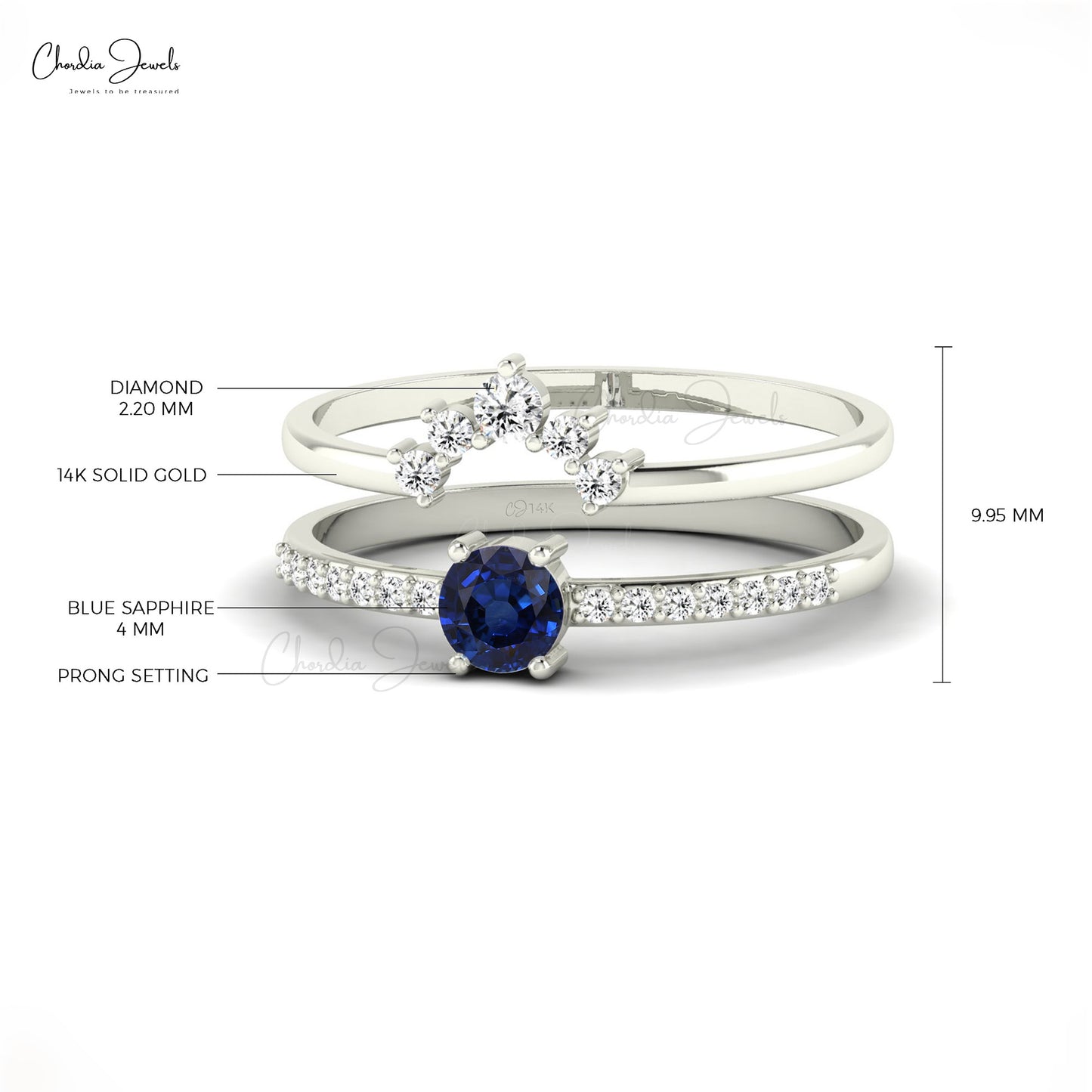 14k Real Gold Stackable Ring with 4mm Blue Sapphire Natural Diamond Engagement Ring