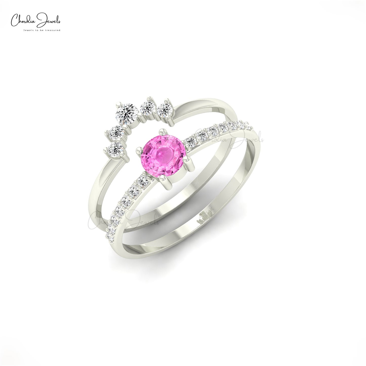 Pink Sapphire Double Band Ring in 14k Solid Gold Natural Diamond Stackable Ring For Her