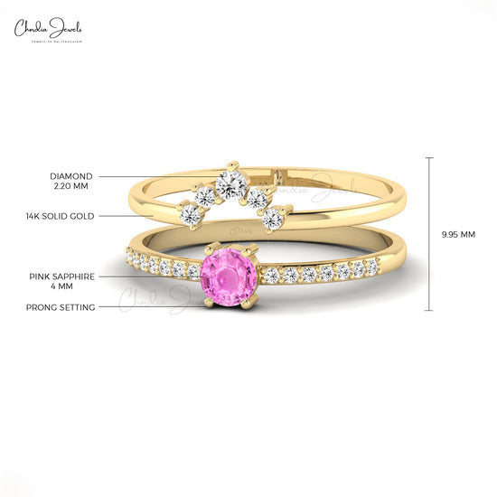 Pink Sapphire Double Band Ring in 14k Solid Gold Natural Diamond Stackable Ring For Her