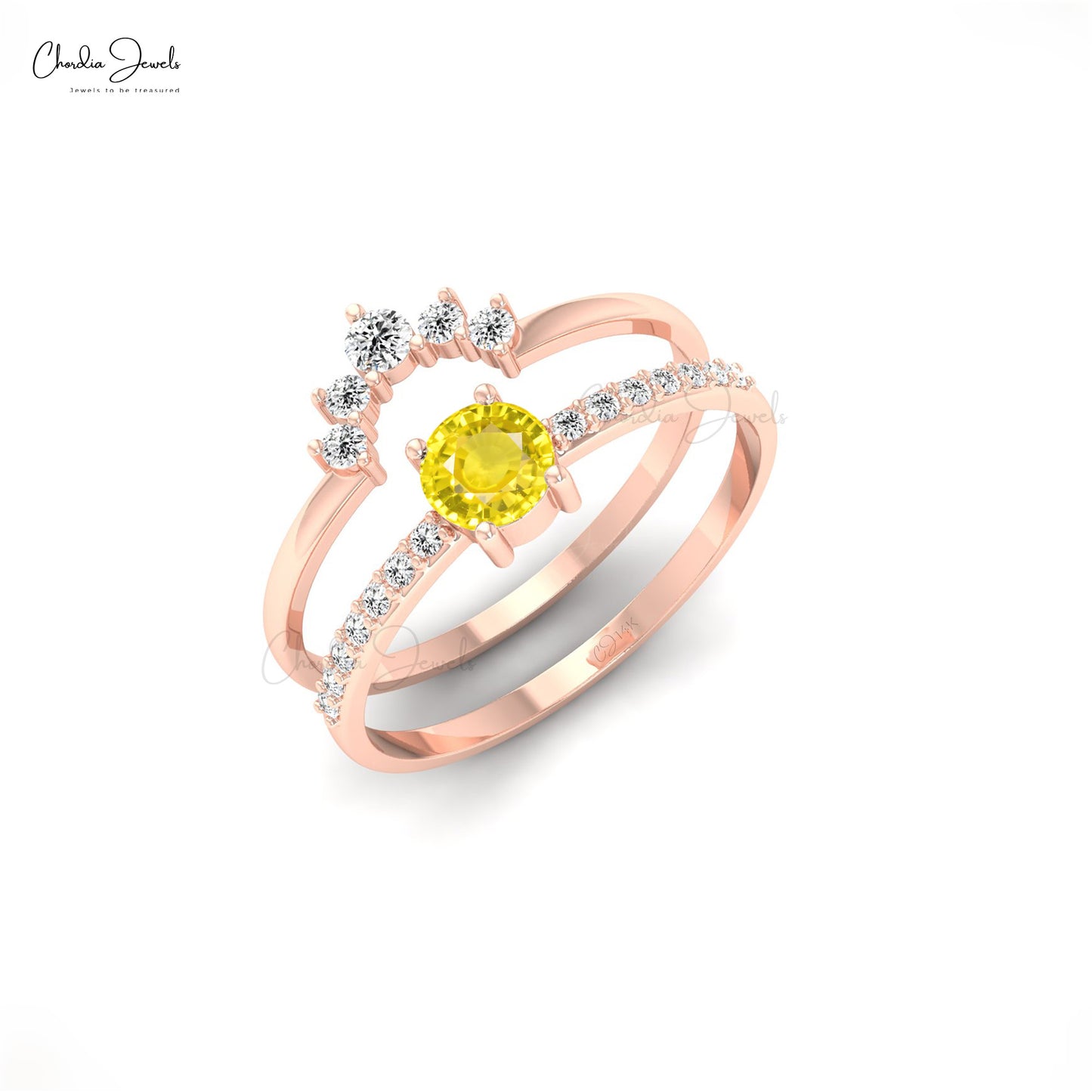 Natural 4mm Yellow Sapphire Stackable Ring in 14k Gold Delicate Diamond Double Band Ring