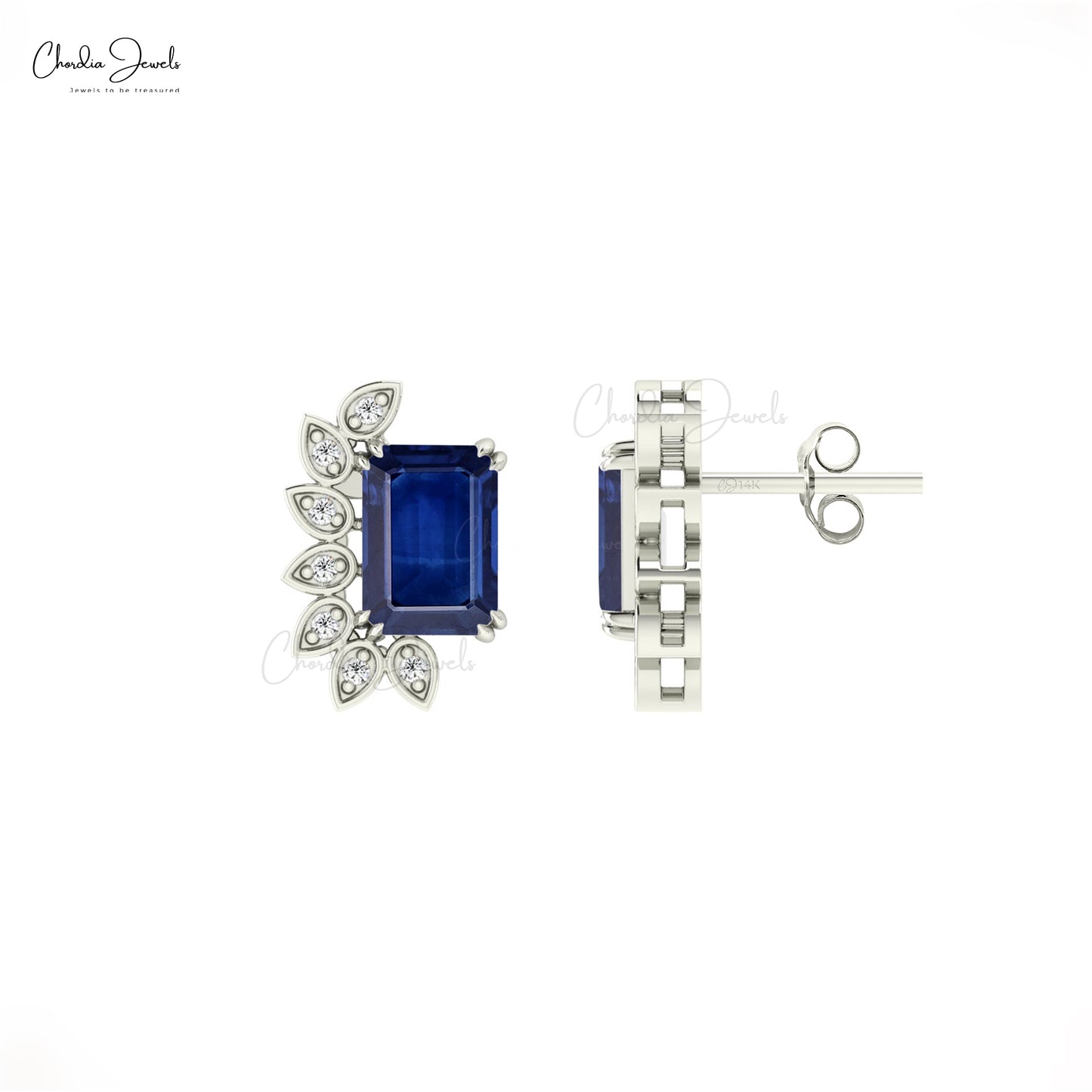 Statement Earrings With Blue Sapphire Gemstone 14k Solid Gold Diamond Accents Stud Earring