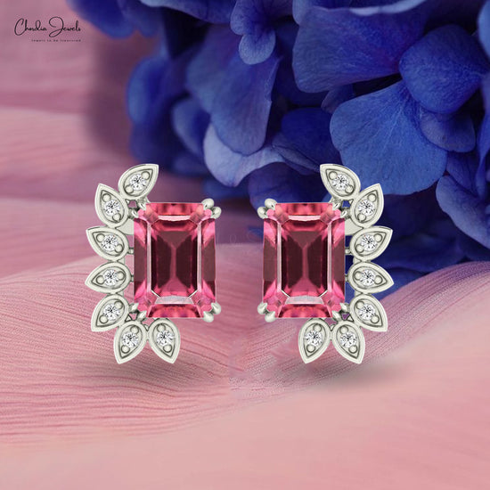 Natural Pink Tourmaline Prong Set Earrings 14k Solid Gold Diamond Earrings For October Birthstone