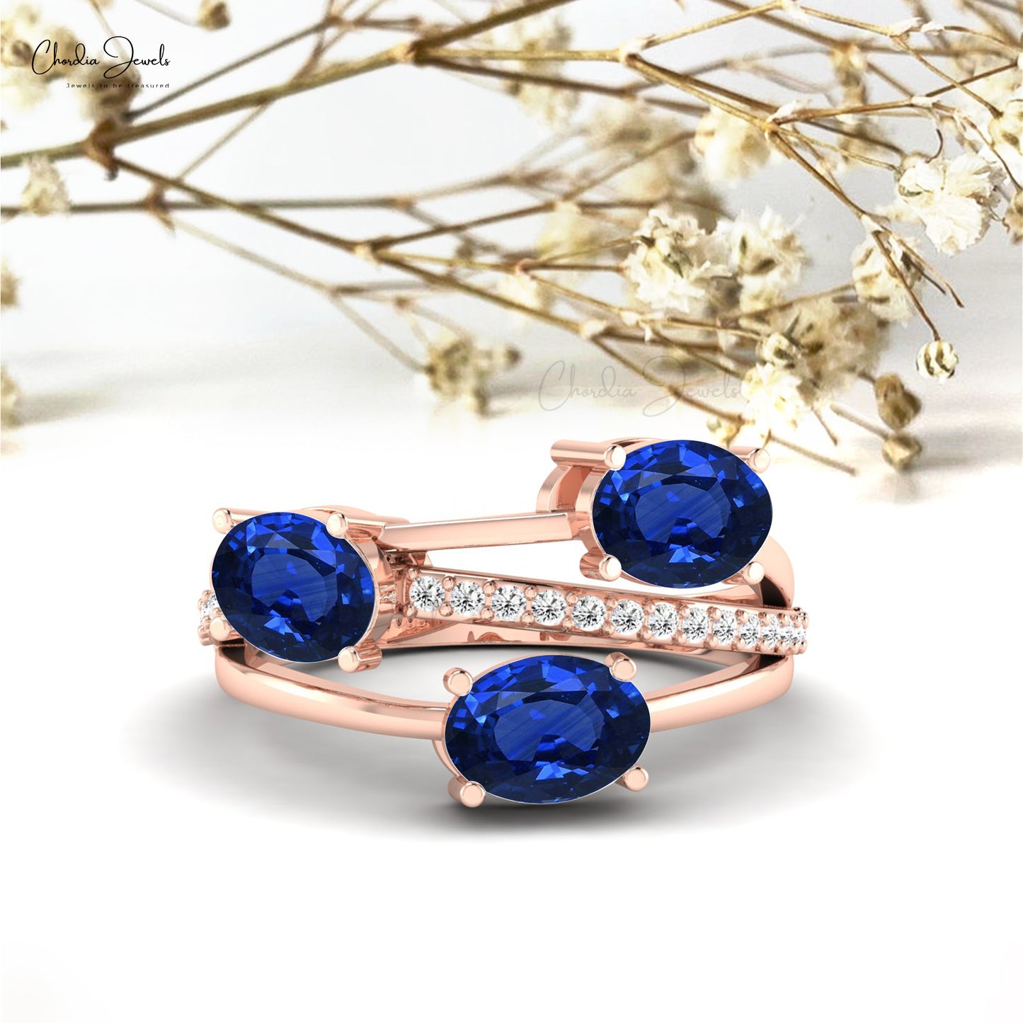Chordia Jewels 14k Gold Blue Sapphire 3-Stone Split Shank Ring