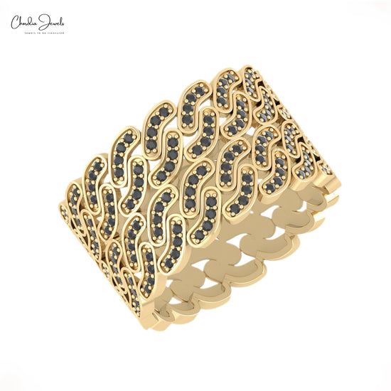 Round-Cut Black Diamond Cuban Link Ring in 14k Gold 0.90MM April Birthstone Wide Band Ring