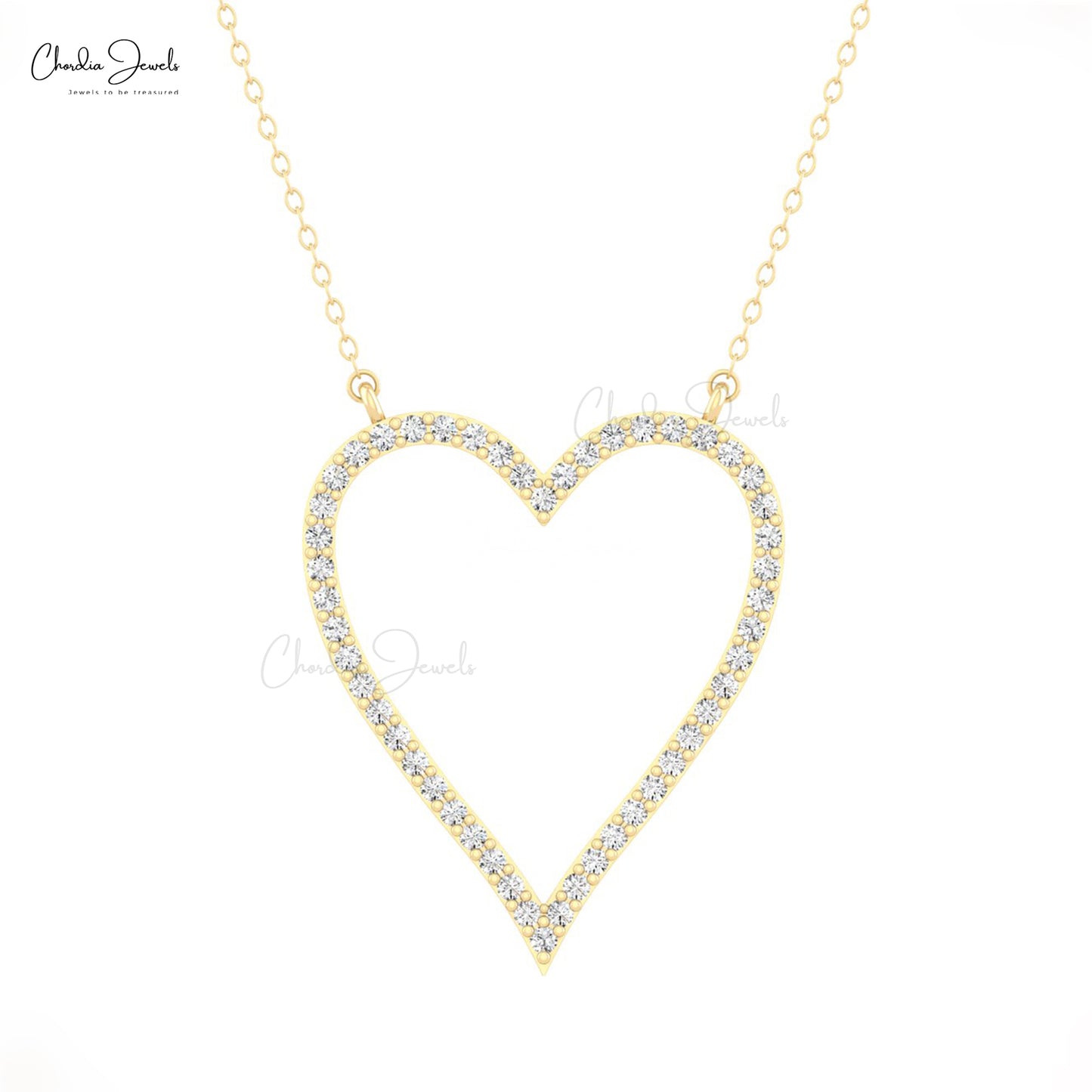 Genuine White Diamond Hollow Heart Necklace 14k Real Gold Light Weight Pendant For Love