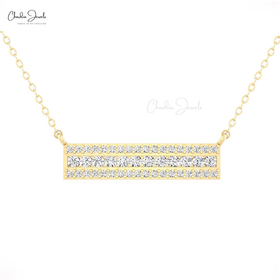 Elegant 14k Solid Gold Minimal Bar Necklace Genuine Round White Diamond Rectangular Pendant