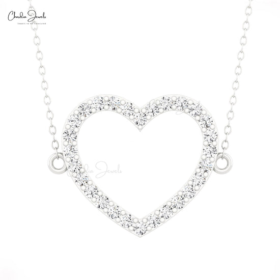 Trendy 2mm White Diamond Open Heart Necklace 14k Solid Gold Pave Set Necklace For Love