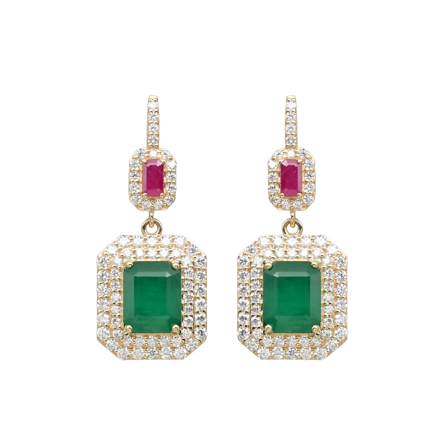 14k Yellow Gold Dangle Halo Earrings with Emerald and Ruby Diamonds