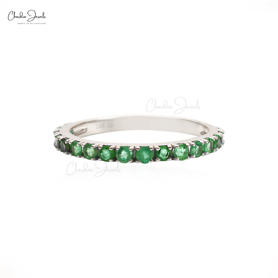 Real Emerald Half Eternity Ring Solid 14k White Gold Dainty Ring For Women