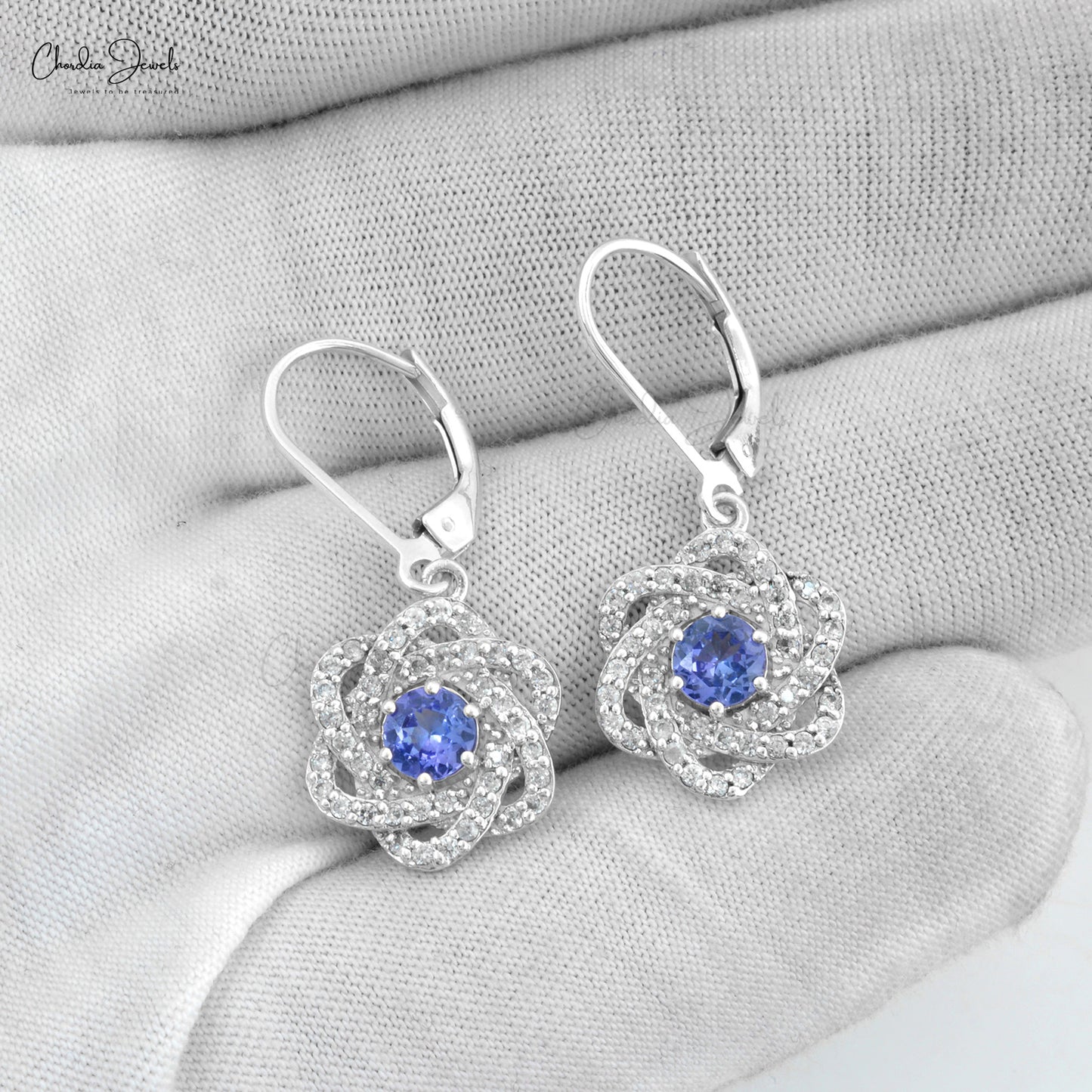 AAA Tanzanite Floral Dangle Earring In 925 Sterling Silver Zircon Lever Back Earrings